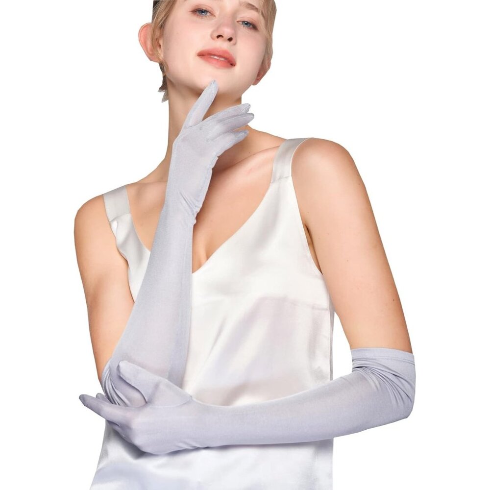 Women's Evening Silver Pure Silk Elbow Length Satin Long Gloves Opera Party Prom